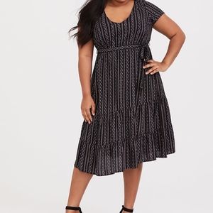 Torrid -BLACK DOT STRIPE CHALLIS TIERED MIDI DRESS